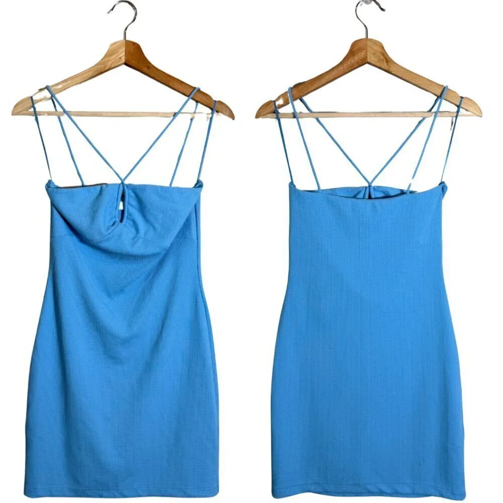 Mango Crisscross Strap Bodycon Mini Dress Women's 2 Blue Going Out Ribbed NWOT - Picture 3 of 14